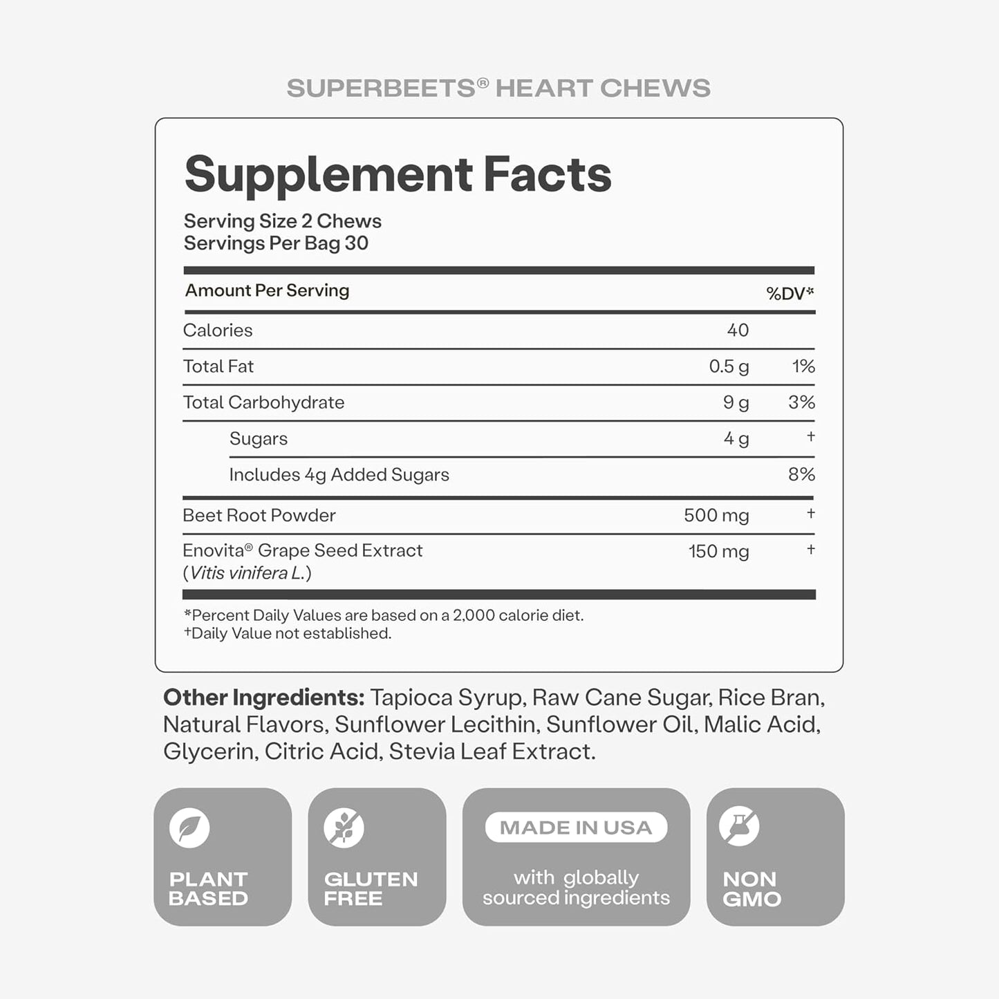 Humann SuperBeets Heart Chews Beetroot Grape Seed Extract Pomegranate Berry 60 Count