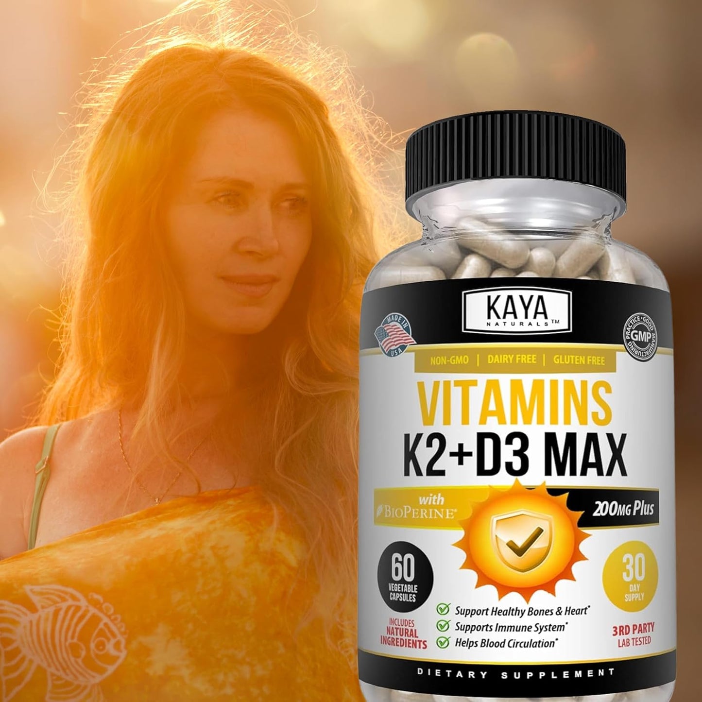 Kaya Naturals Vitamin K2 with D3 5000 IU Bioperine Capsules 60 Count
