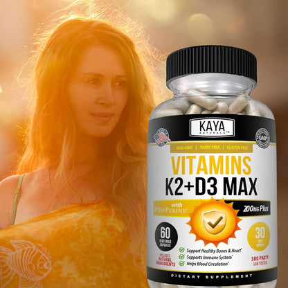 Kaya Naturals Vitamin K2 with D3 5000 IU Bioperine Capsules 60 Count