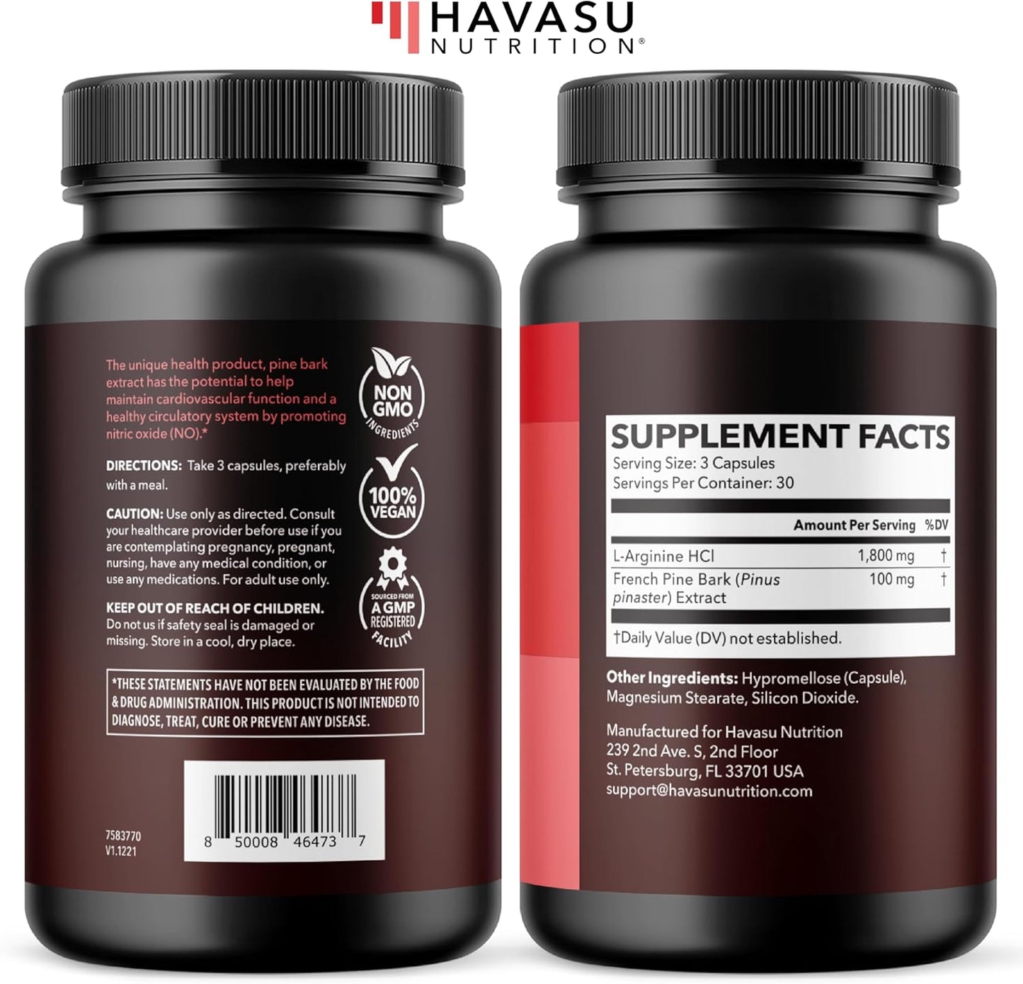 L-Arginine 1800 mg with Pine Bark Extract Supplement 90 Vegan Capsules