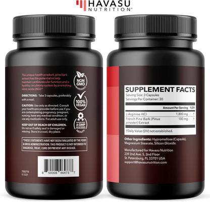 L-Arginine 1800 mg with Pine Bark Extract Supplement 90 Vegan Capsules