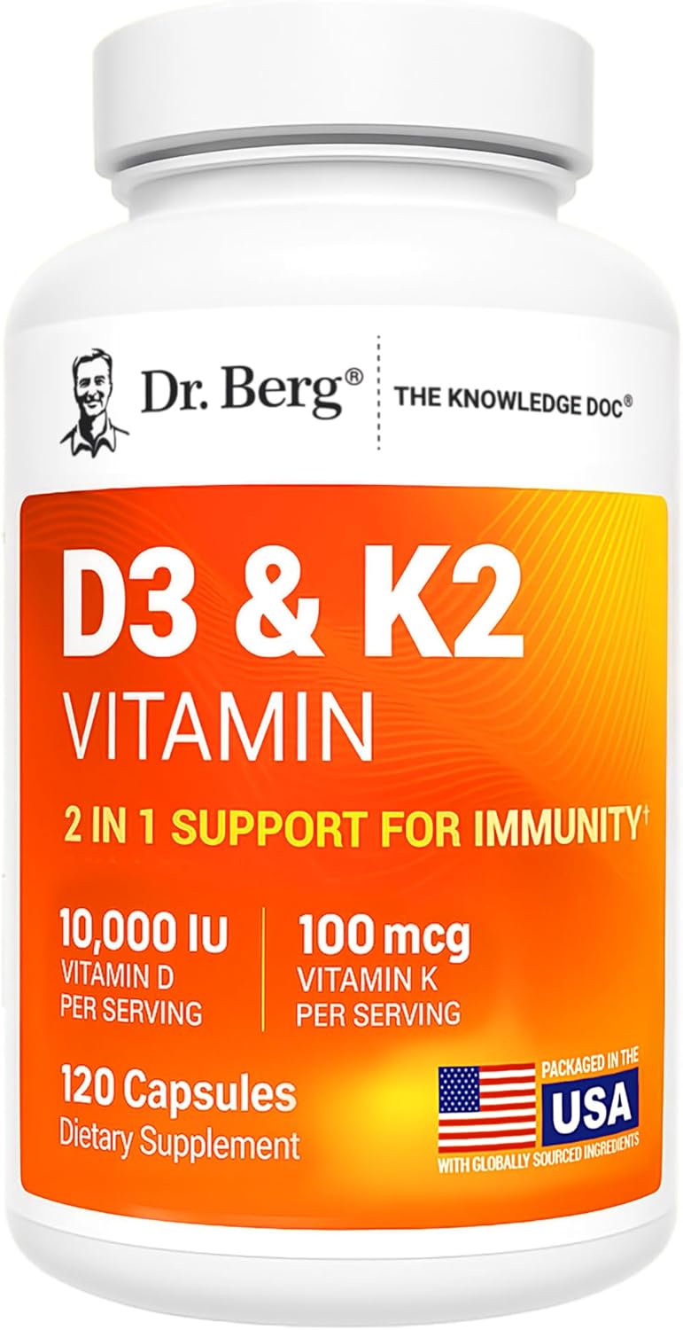 Dr. Berg Vitamin D3 K2 10,000 IU Capsules – 2-in-1 Formula, High Absorption, 120 Count