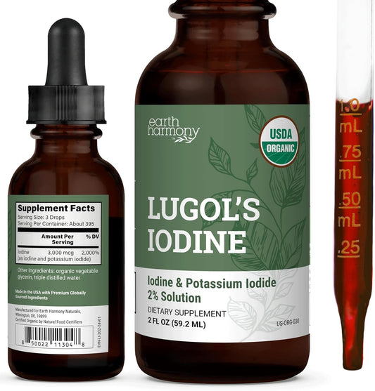 Organic Lugol's Iodine 2% Solution – Iodine & Potassium Iodide Liquid Drops, 2 oz, 395 Servings, Non-GMO