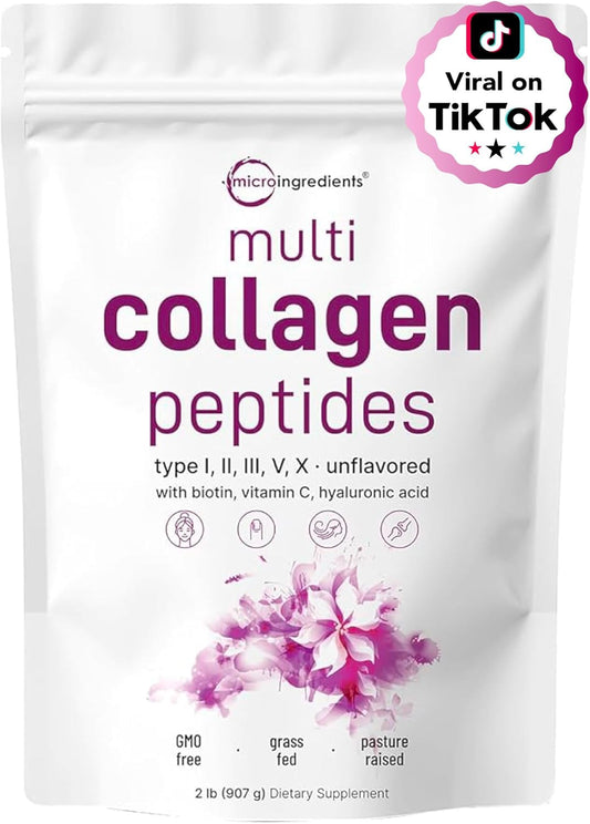 Micro Ingredients Multi Collagen Peptides Powder 2 lb – Types I, II, III, V & X with Biotin, Hyaluronic Acid & Vitamin C, Unflavored