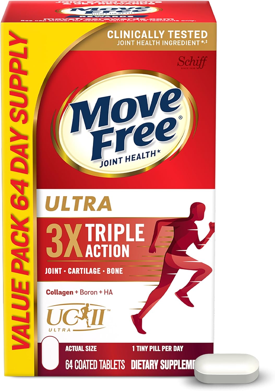 Move Free Ultra Triple Action Joint Support – Type II Collagen, Boron & Hyaluronic Acid, 64 Tablets