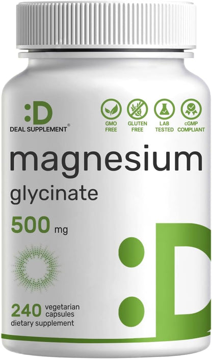Deal Supplement Magnesium Glycinate 500 mg – 240 Veggie Capsules, Non-GMO, Gluten-Free