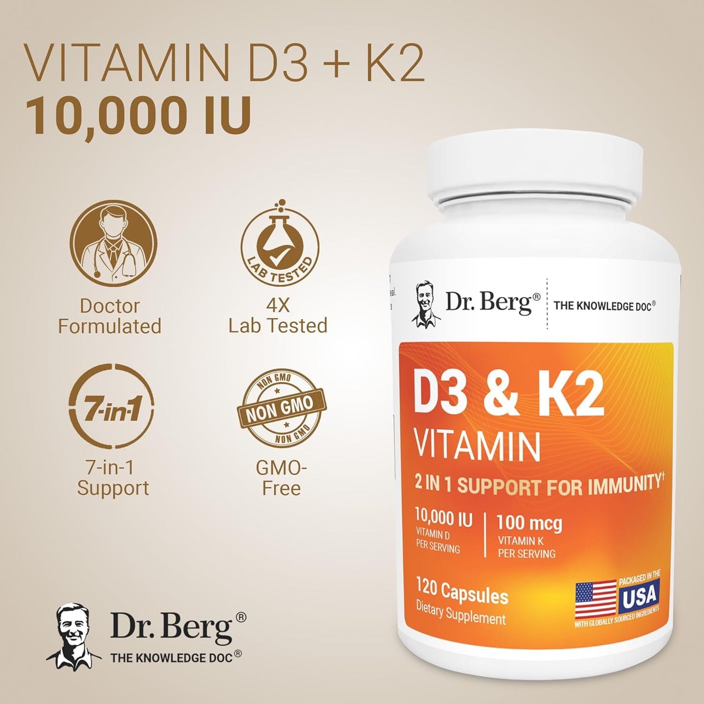 Dr. Berg Vitamin D3 K2 10,000 IU Capsules – 2-in-1 Formula, High Absorption, 120 Count