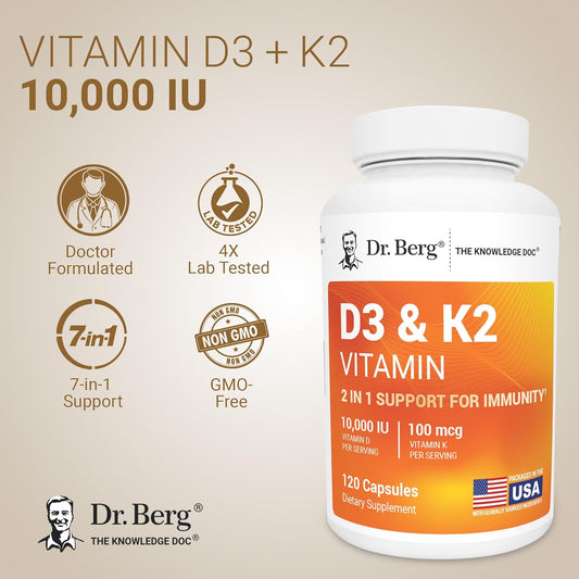 Dr. Berg Vitamin D3 K2 10,000 IU Capsules – 2-in-1 Formula, High Absorption, 120 Count