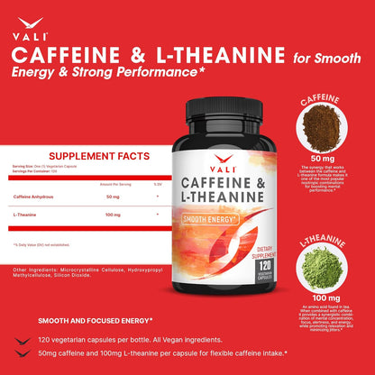 VALI Caffeine 50mg & L-Theanine 100mg Capsules – Energy & Focus Supplement, 120 Veggie Capsules