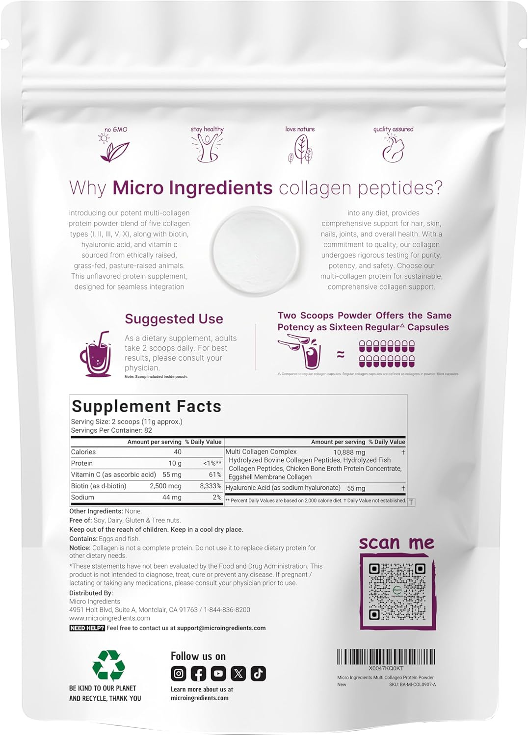 Micro Ingredients Multi Collagen Peptides Powder 2 lb – Types I, II, III, V & X with Biotin, Hyaluronic Acid & Vitamin C, Unflavored