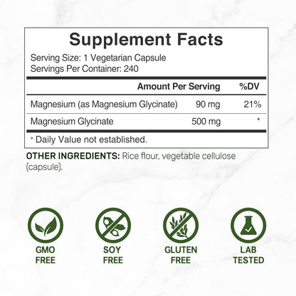 Deal Supplement Magnesium Glycinate 500 mg – 240 Veggie Capsules, Non-GMO, Gluten-Free