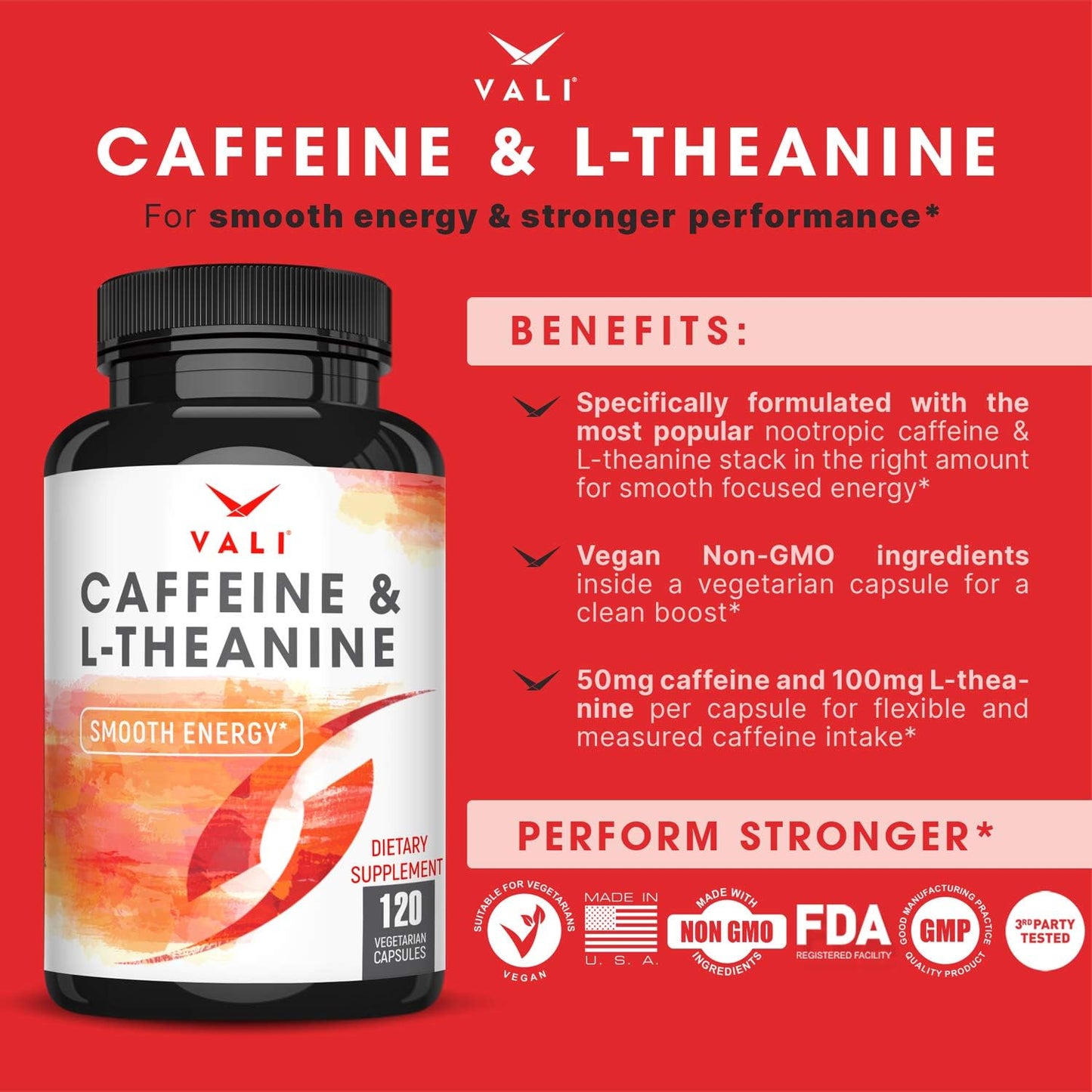 VALI Caffeine 50mg & L-Theanine 100mg Capsules – Energy & Focus Supplement, 120 Veggie Capsules