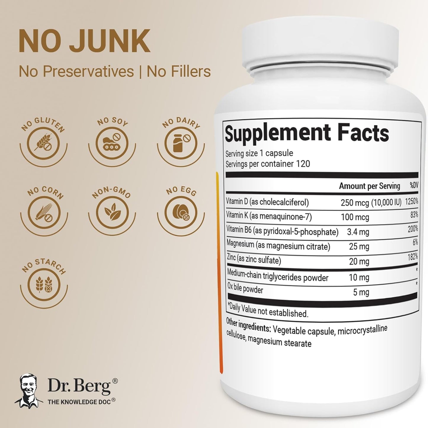 Dr. Berg Vitamin D3 K2 10,000 IU Capsules – 2-in-1 Formula, High Absorption, 120 Count