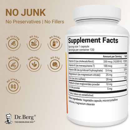 Dr. Berg Vitamin D3 K2 10,000 IU Capsules – 2-in-1 Formula, High Absorption, 120 Count