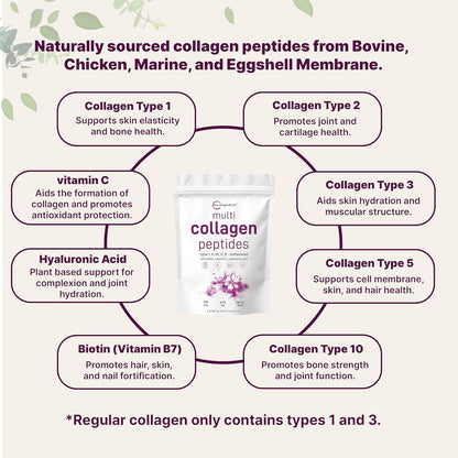 Micro Ingredients Multi Collagen Peptides Powder 2 lb – Types I, II, III, V & X with Biotin, Hyaluronic Acid & Vitamin C, Unflavored