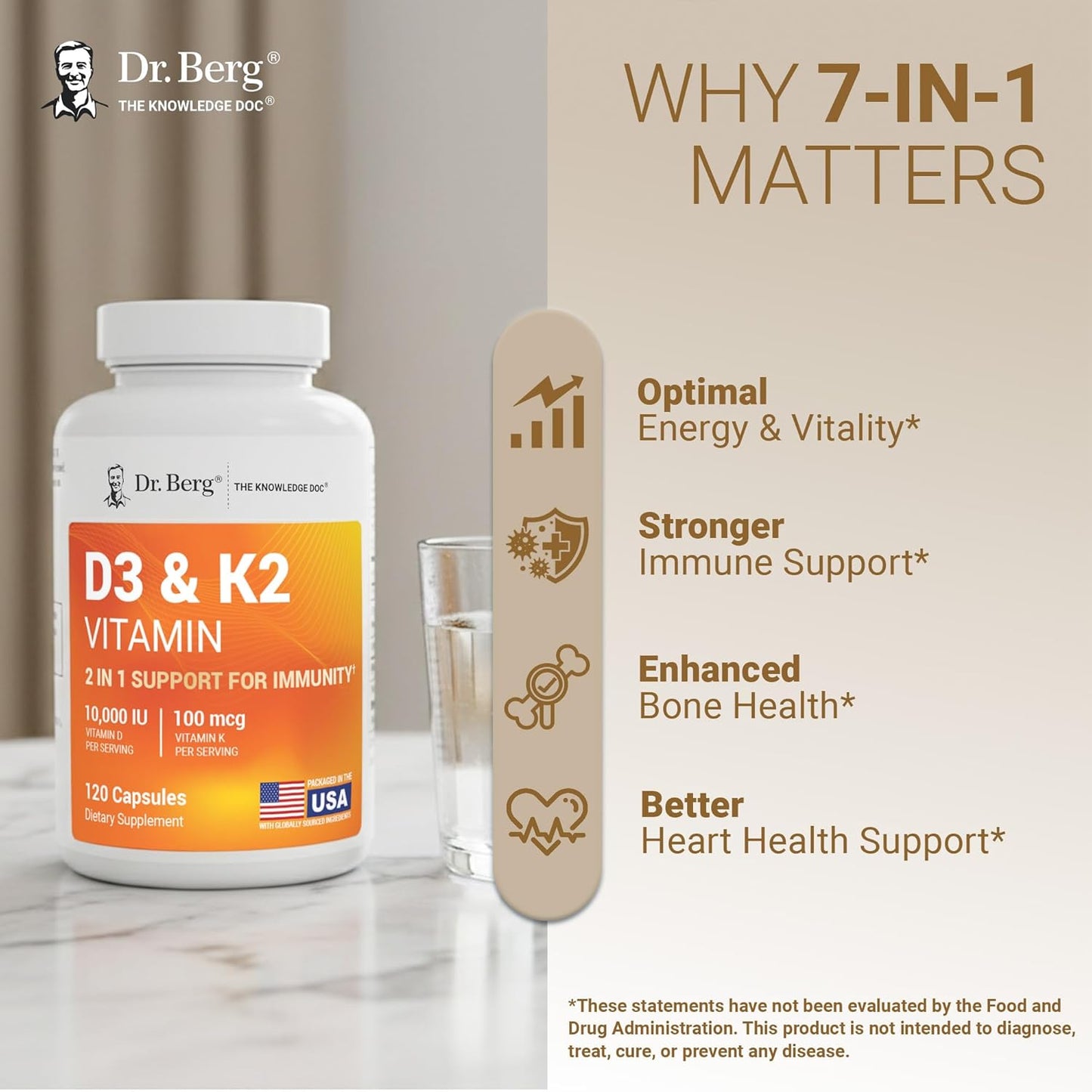 Dr. Berg Vitamin D3 K2 10,000 IU Capsules – 2-in-1 Formula, High Absorption, 120 Count