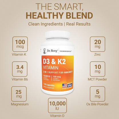 Dr. Berg Vitamin D3 K2 10,000 IU Capsules – 2-in-1 Formula, High Absorption, 120 Count