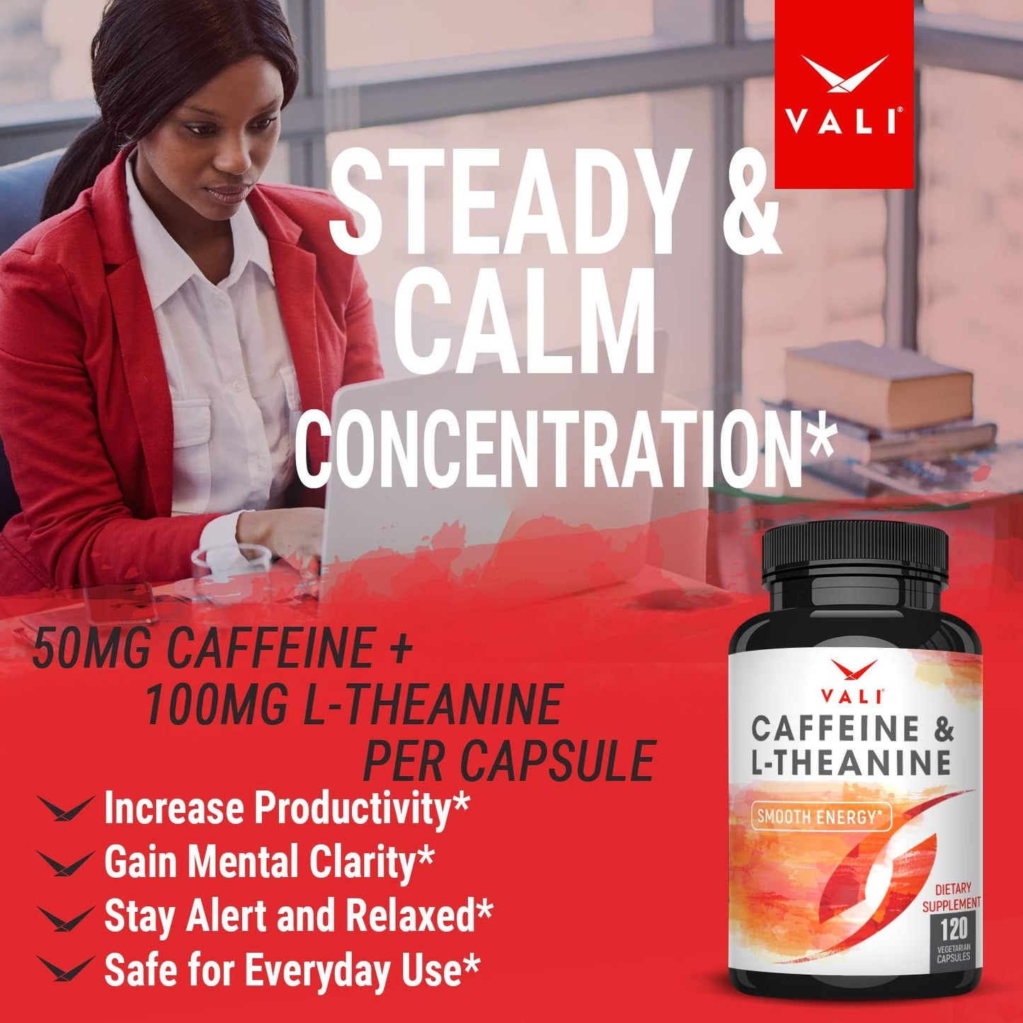 VALI Caffeine 50mg & L-Theanine 100mg Capsules – Energy & Focus Supplement, 120 Veggie Capsules