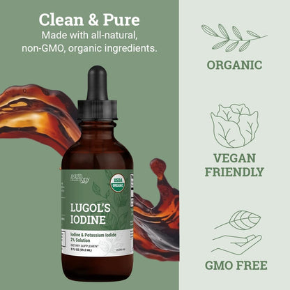 Organic Lugol's Iodine 2% Solution – Iodine & Potassium Iodide Liquid Drops, 2 oz, 395 Servings, Non-GMO