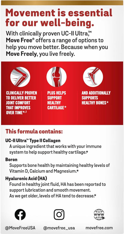 Move Free Ultra Triple Action Joint Support – Type II Collagen, Boron & Hyaluronic Acid, 64 Tablets