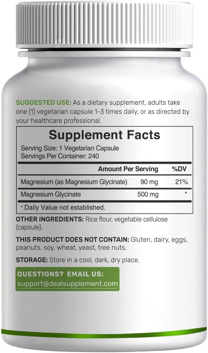 Deal Supplement Magnesium Glycinate 500 mg – 240 Veggie Capsules, Non-GMO, Gluten-Free