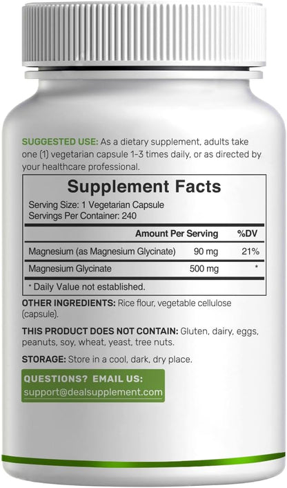 Deal Supplement Magnesium Glycinate 500 mg – 240 Veggie Capsules, Non-GMO, Gluten-Free