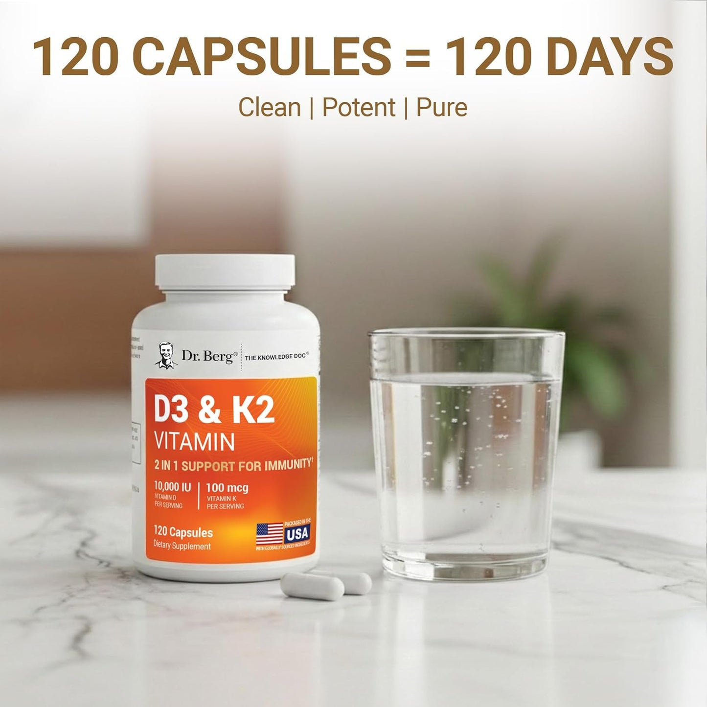 Dr. Berg Vitamin D3 K2 10,000 IU Capsules – 2-in-1 Formula, High Absorption, 120 Count