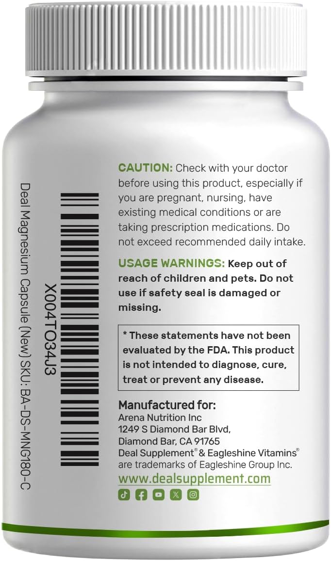 Deal Supplement Magnesium Glycinate 500 mg – 240 Veggie Capsules, Non-GMO, Gluten-Free