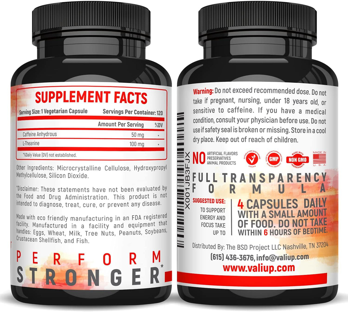 VALI Caffeine 50mg & L-Theanine 100mg Capsules – Energy & Focus Supplement, 120 Veggie Capsules