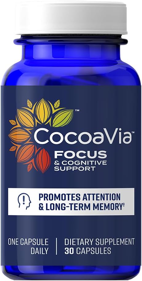 CocoaVia Memory & Focus Brain Supplement – Cocoa Flavanol Blend with Lutein & Caffeine, 30 Capsules