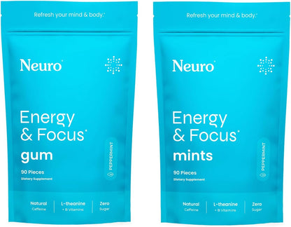 Neuro Energy & Focus Bundle – Peppermint Gum (90ct) + Mints (90ct), Natural Caffeine, L-Theanine & B Vitamins, Sugar-Free