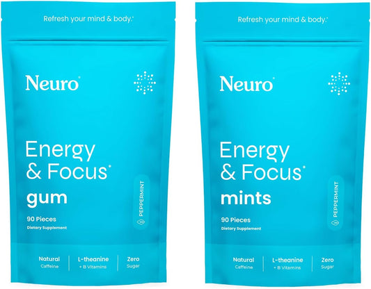 Neuro Energy & Focus Bundle – Peppermint Gum (90ct) + Mints (90ct), Natural Caffeine, L-Theanine & B Vitamins, Sugar-Free
