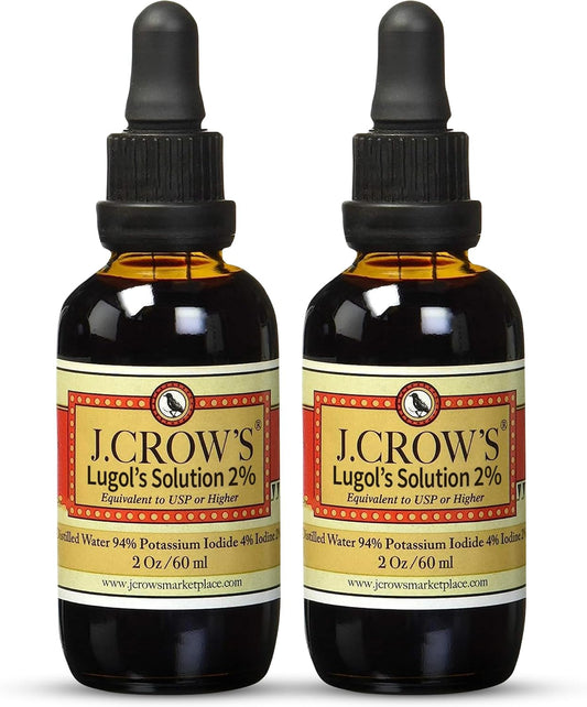 J.CROW'S® Lugol's Iodine 2% Solution – Iodine & Potassium Iodide Liquid Drops, 2 oz (2 Bottles), Gluten & Alcohol-Free