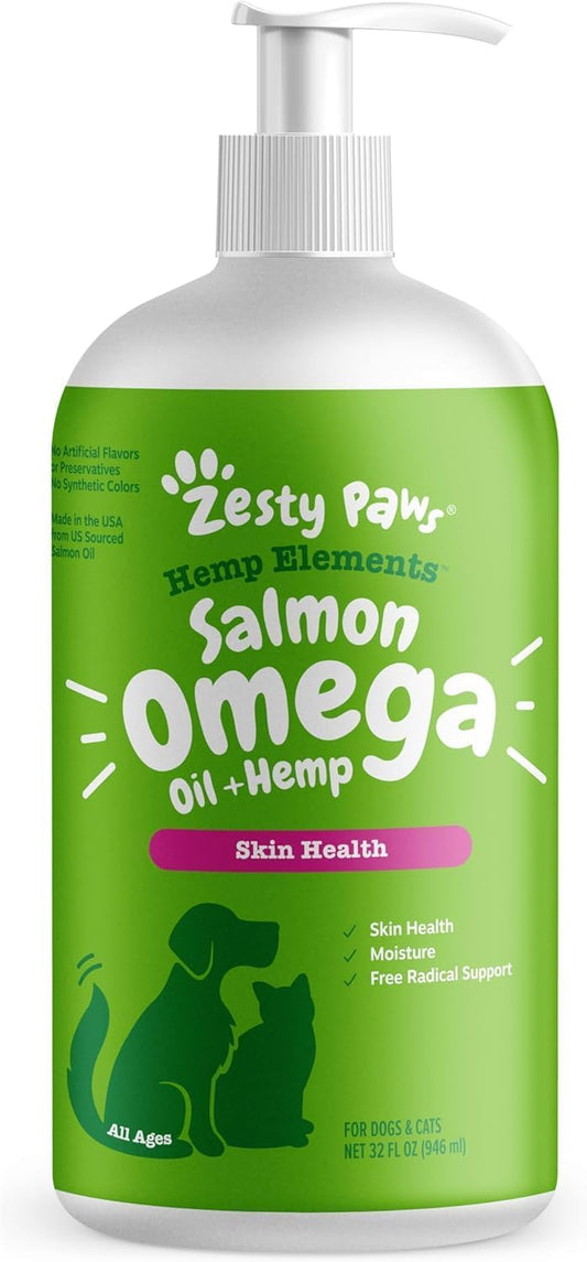 Zesty Paws Alaskan Salmon Oil with Hemp – Omega 3 & 6 Pet Supplement for Dogs & Cats, 32 Fl Oz