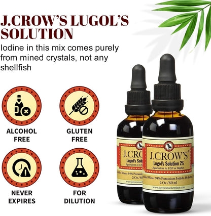 J.CROW'S® Lugol's Iodine 2% Solution – Iodine & Potassium Iodide Liquid Drops, 2 oz (2 Bottles), Gluten & Alcohol-Free