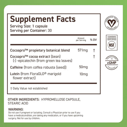 CocoaVia Memory & Focus Brain Supplement – Cocoa Flavanol Blend with Lutein & Caffeine, 30 Capsules