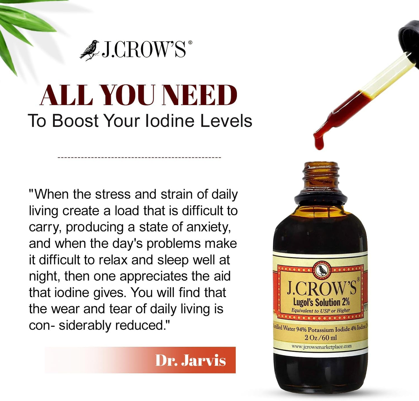 J.CROW'S® Lugol's Iodine 2% Solution – Iodine & Potassium Iodide Liquid Drops, 2 oz (2 Bottles), Gluten & Alcohol-Free