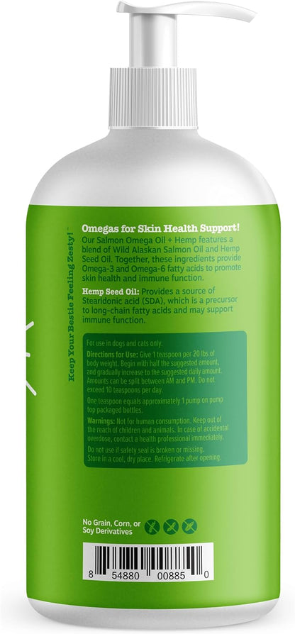 Zesty Paws Alaskan Salmon Oil with Hemp – Omega 3 & 6 Pet Supplement for Dogs & Cats, 32 Fl Oz