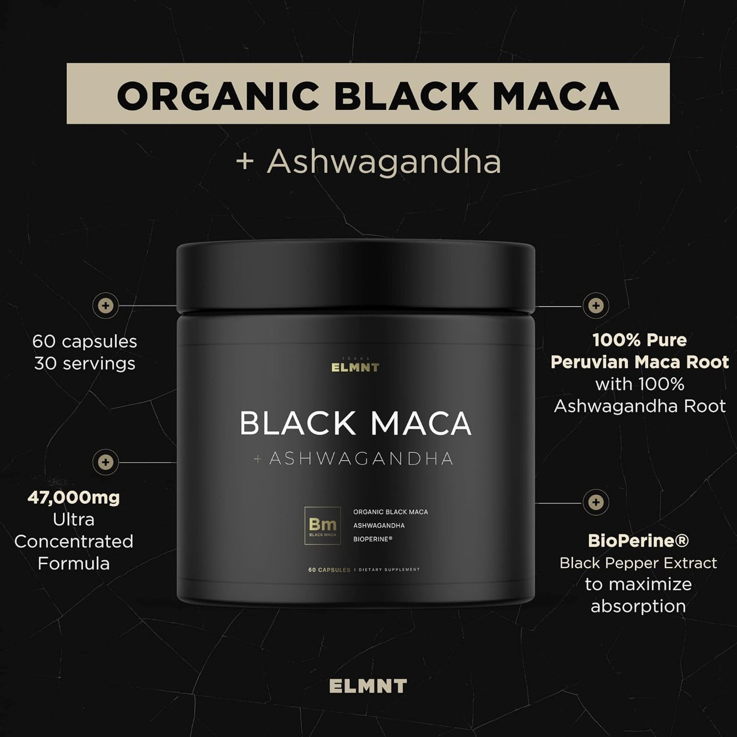 Organic Black Maca Root 40,000mg 40:1 Extract with Ashwagandha – Gelatinized Maca Peruana, High Potency, Capsules