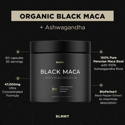 Organic Black Maca Root 40,000mg 40:1 Extract with Ashwagandha – Gelatinized Maca Peruana, High Potency, Capsules