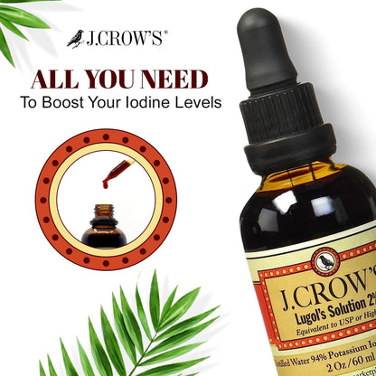 J.CROW'S® Lugol's Iodine 2% Solution – Iodine & Potassium Iodide Liquid Drops, 2 oz (2 Bottles), Gluten & Alcohol-Free