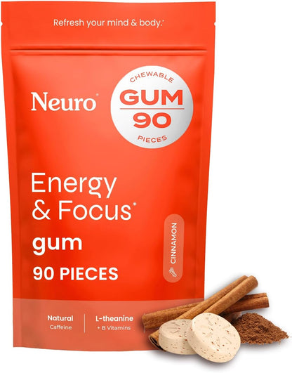 Neuro Energy & Focus Gum – 40mg Natural Caffeine with L-Theanine & B Vitamins, Sugar-Free Vegan Energy Gum, Cinnamon, 90 Count
