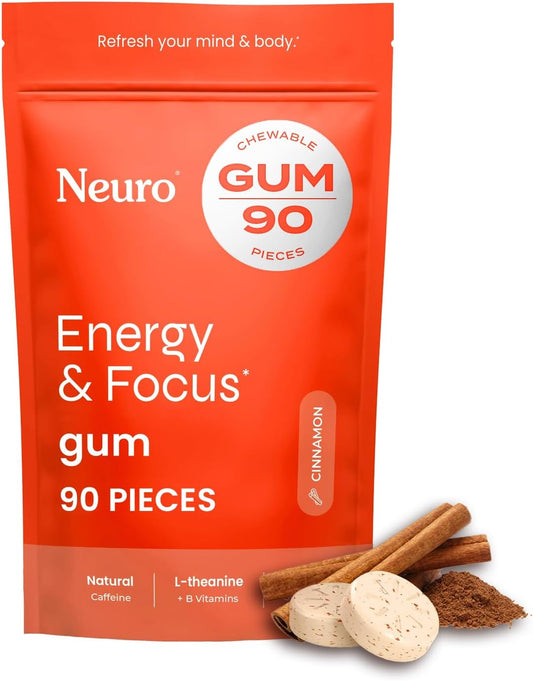 Neuro Energy & Focus Gum – 40mg Natural Caffeine with L-Theanine & B Vitamins, Sugar-Free Vegan Energy Gum, Cinnamon, 90 Count