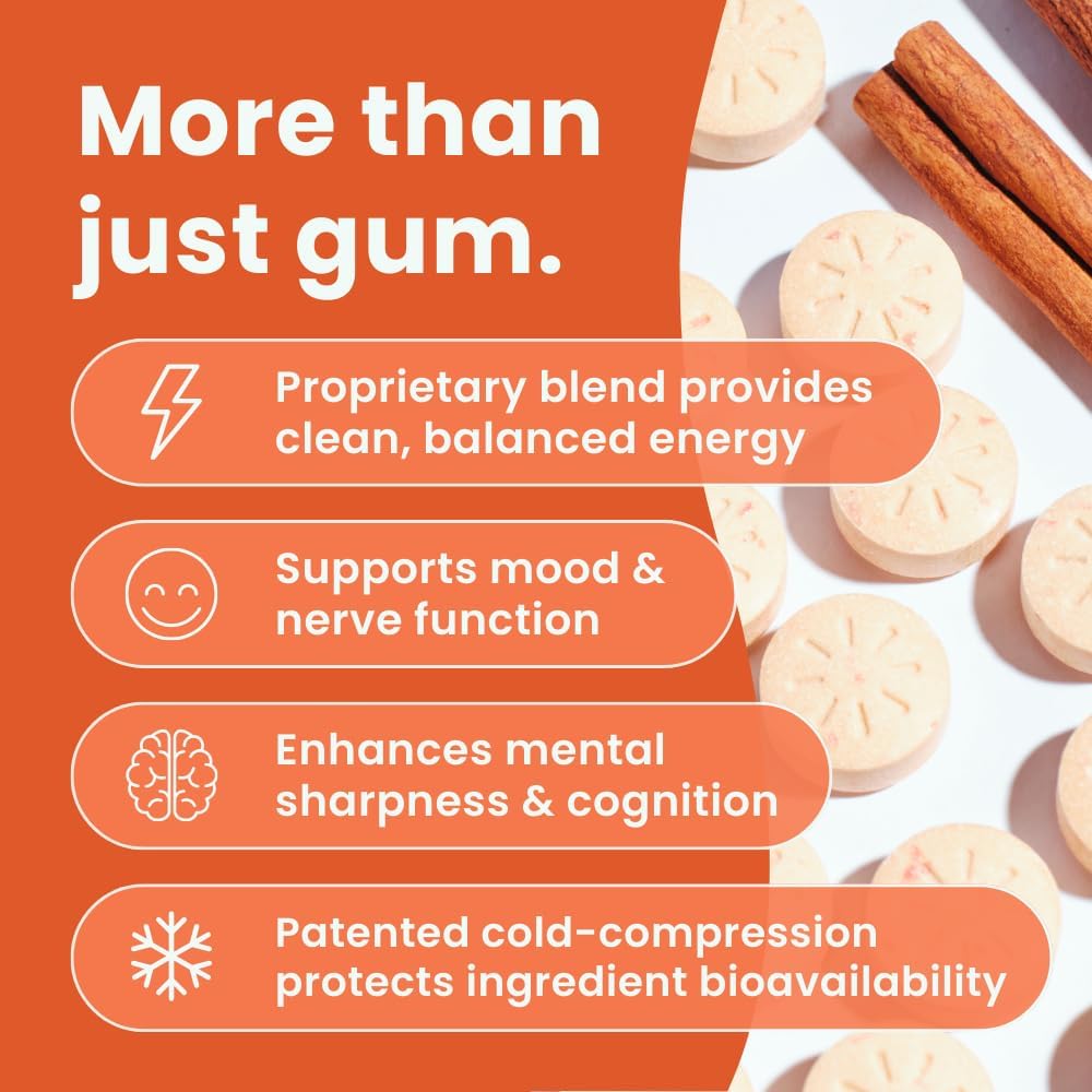 Neuro Energy & Focus Gum – 40mg Natural Caffeine with L-Theanine & B Vitamins, Sugar-Free Vegan Energy Gum, Cinnamon, 90 Count