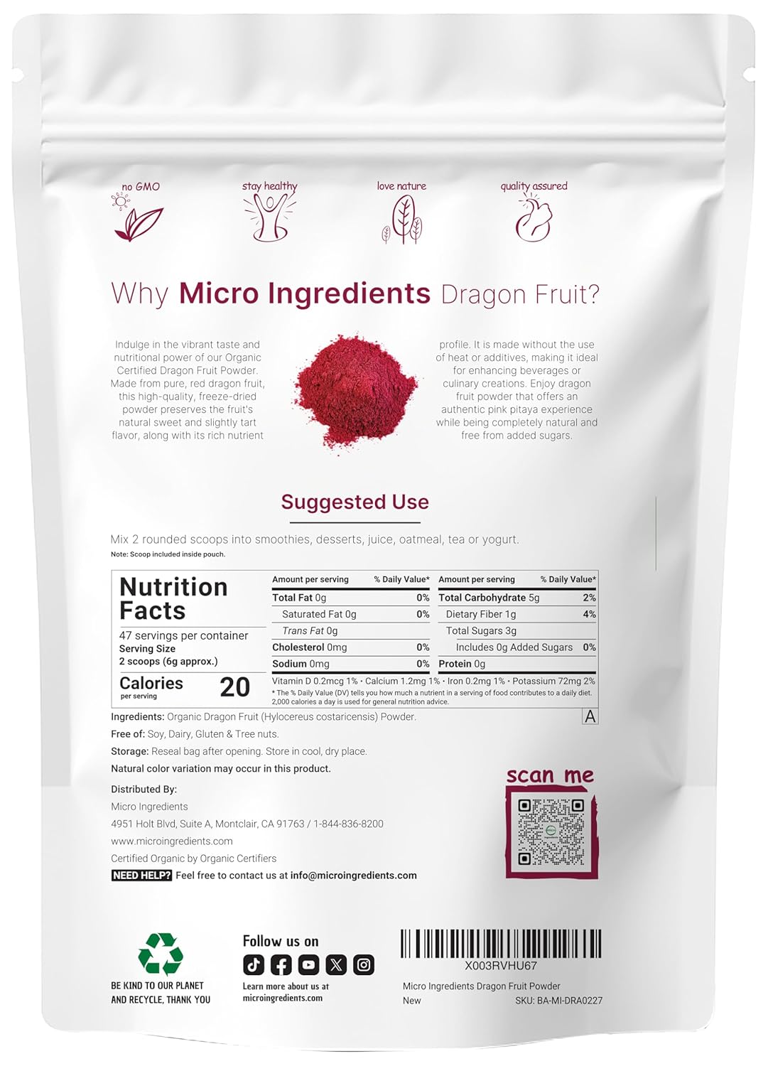 Organic Dragon Fruit Powder 10oz – 100% Natural Fruit Powder for Drinks & Smoothies