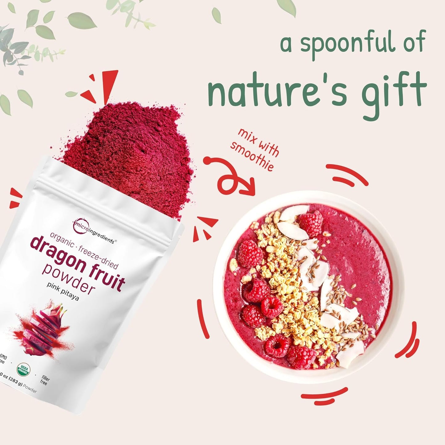 Organic Dragon Fruit Powder 10oz – 100% Natural Fruit Powder for Drinks & Smoothies