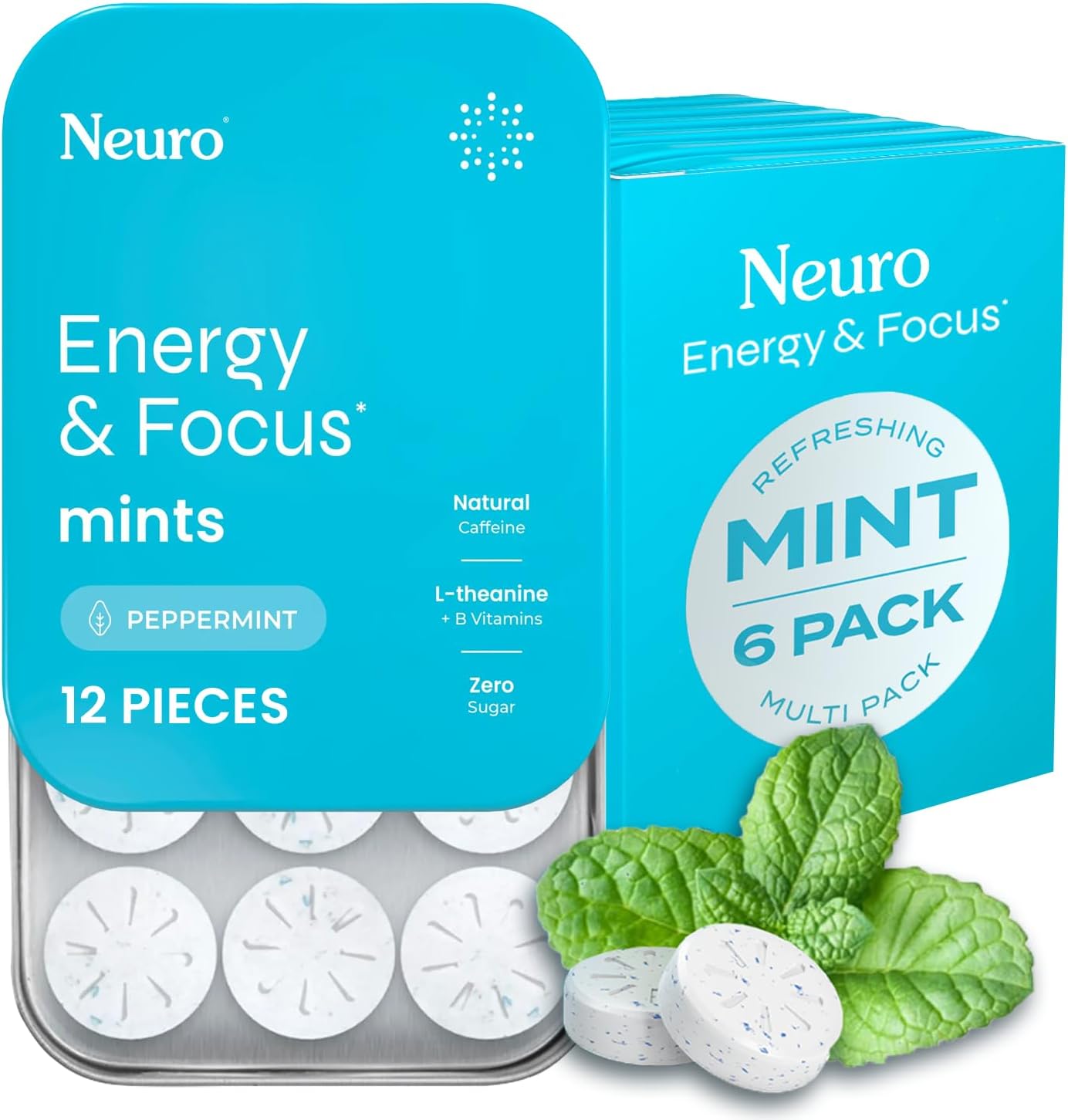 Neuro Energy & Focus Mints – Sugar-Free with 40mg Natural Caffeine, L-Theanine & B Vitamins, Vegan Peppermint, 72 Count