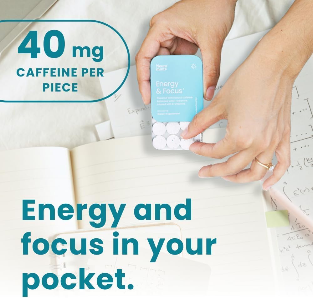 Neuro Energy & Focus Mints – Sugar-Free with 40mg Natural Caffeine, L-Theanine & B Vitamins, Vegan Peppermint, 72 Count