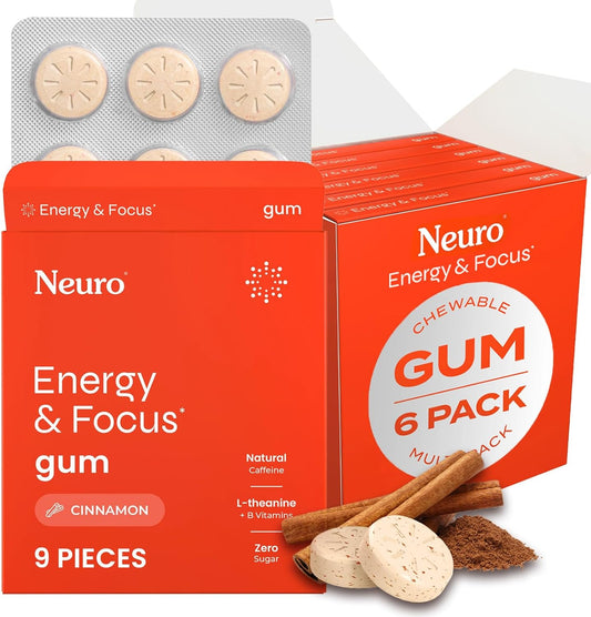 Neuro Energy & Focus Gum - 40mg Natural Caffeine Gum & Nootropic Energy Supplement with L-Theanine & B Vitamins - Sugar Free, Vegan - Cinnamon, 54ct