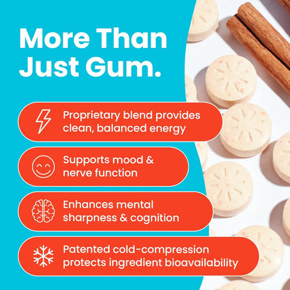 Neuro Energy & Focus Gum - 40mg Natural Caffeine Gum & Nootropic Energy Supplement with L-Theanine & B Vitamins - Sugar Free, Vegan - Cinnamon, 54ct